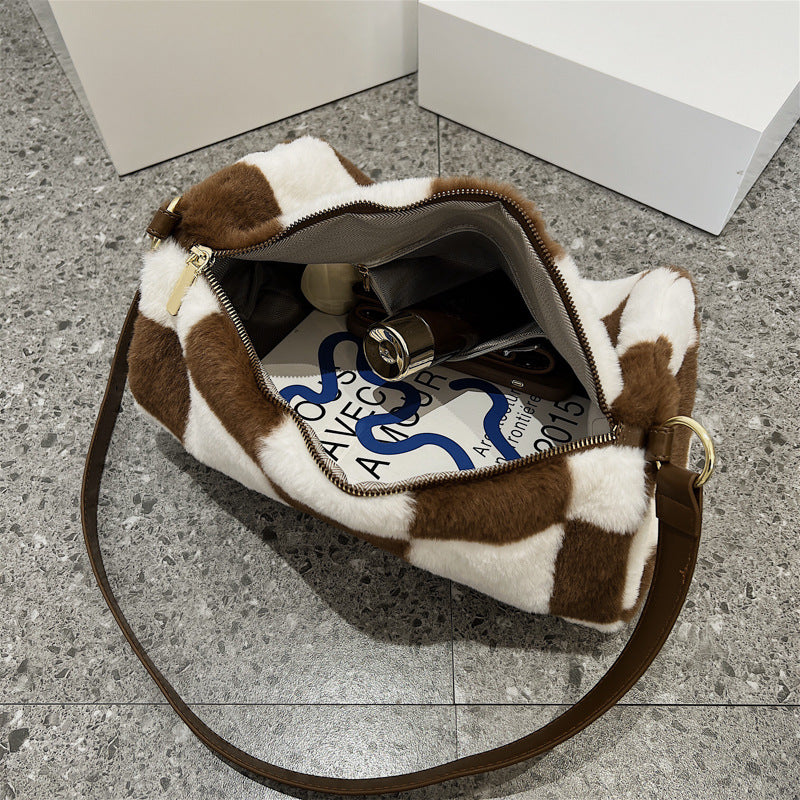 Ladies Winter New Plush Flower Check Bucket Bag