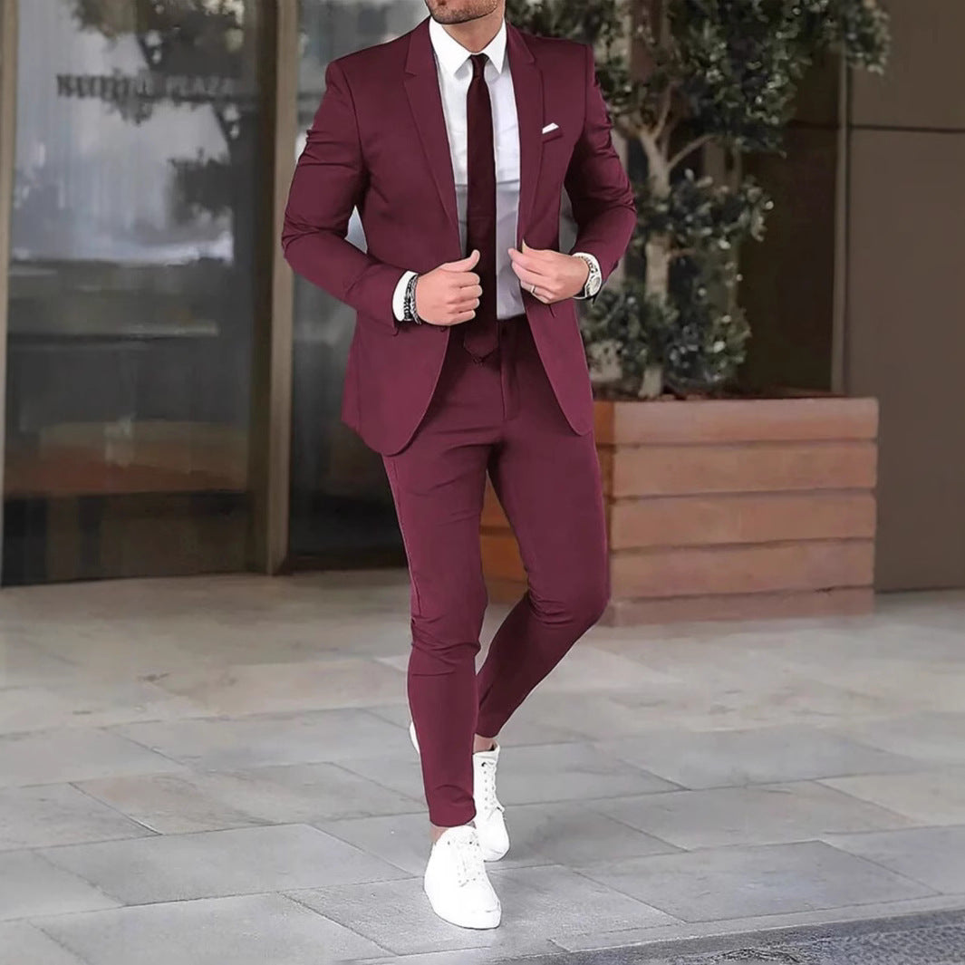 Two-piece Solid Color Slim-fit Coat Suit Pants