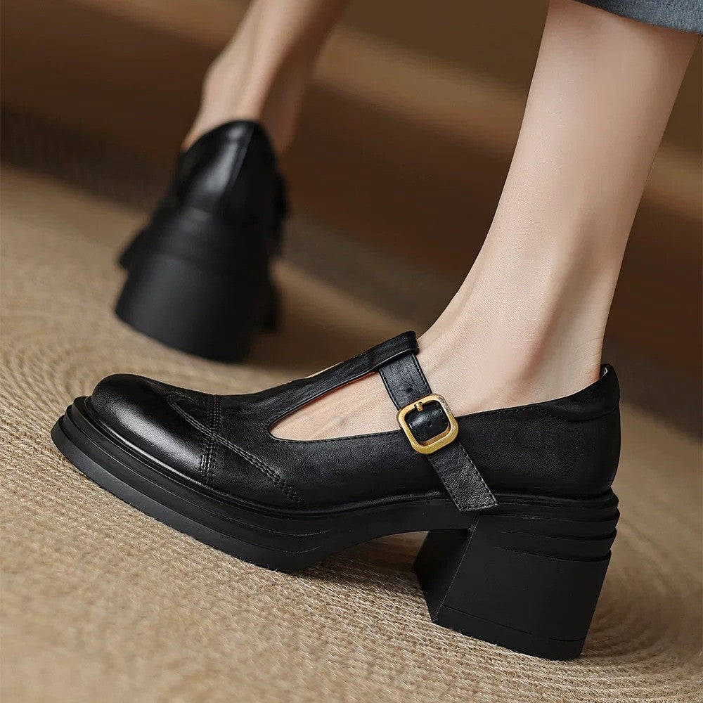 Soft Leather Shoes Female Chunky Heel Platform Mary Jane Shoes