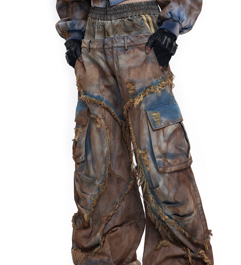 Waste Soil Wind Old Mud Dyed Fake Two Pieces Jeans
