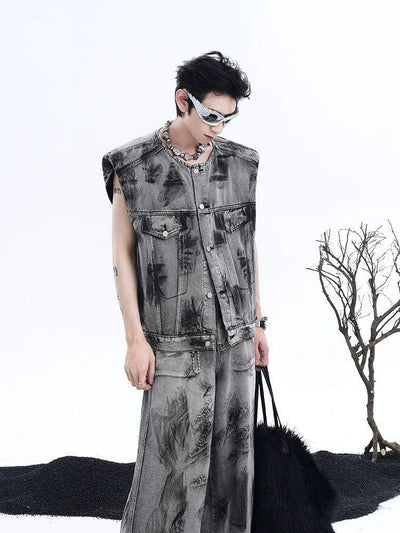 American Street Graffiti Padded Shoulder Sleeveless Denim Coat