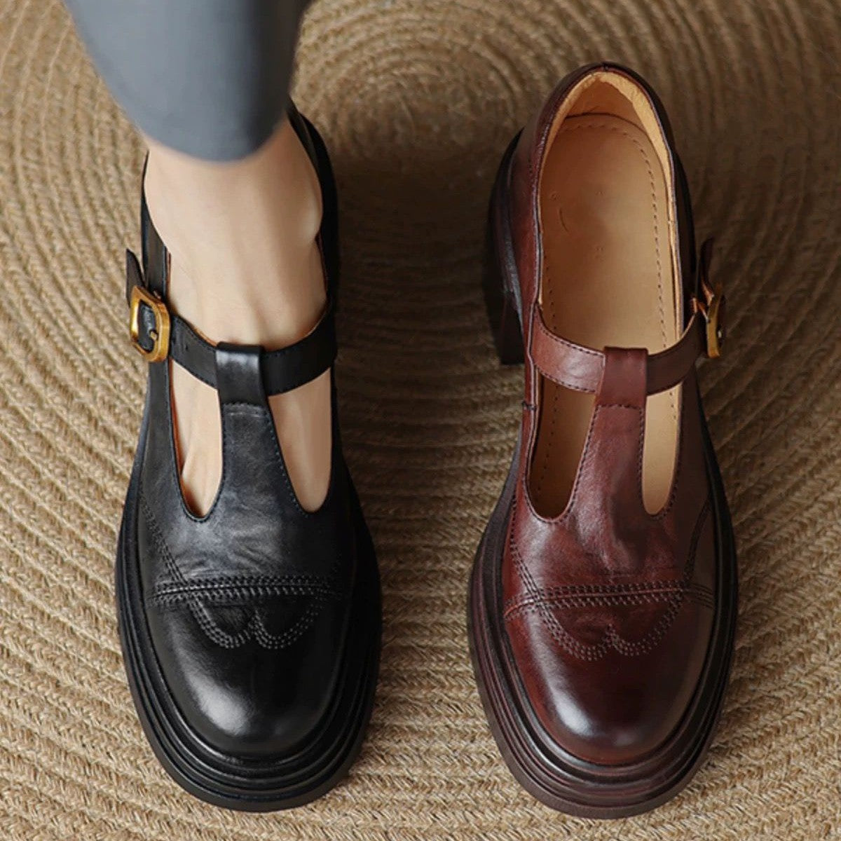 Soft Leather Shoes Female Chunky Heel Platform Mary Jane Shoes