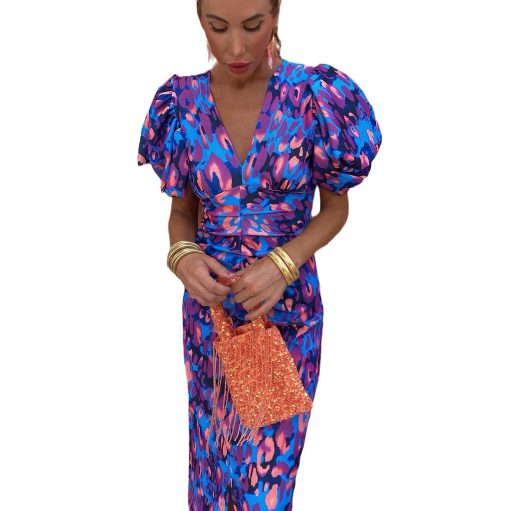 Puffed Short Sleeve Dress Summer Floral Printed V-neck Skinny Dresses