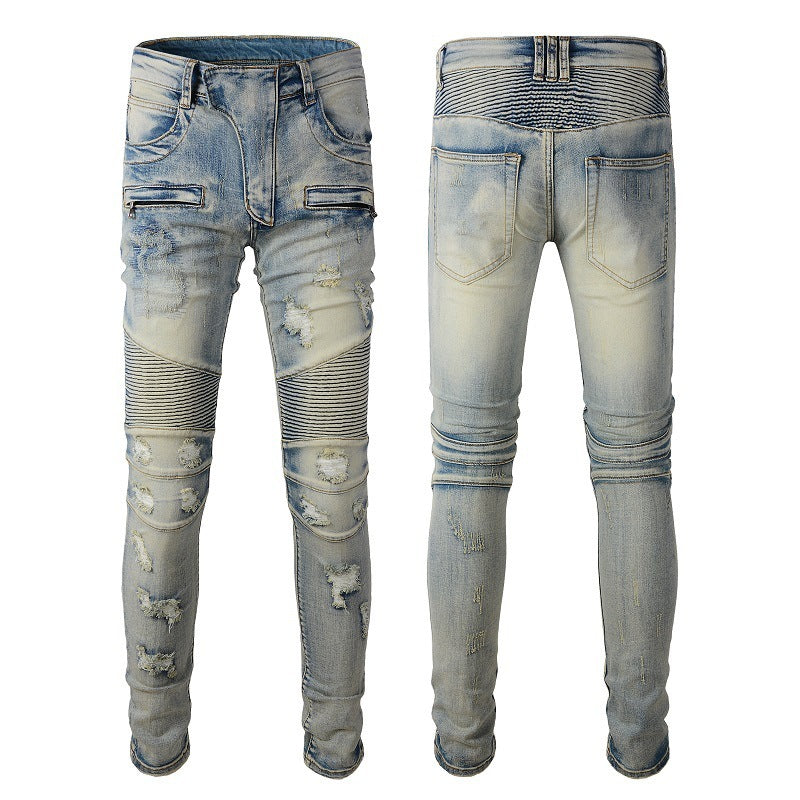 Hand Frayed Beggar Style Distressed Slim Stretch American Men's Jeans