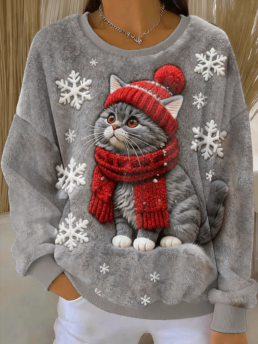 3D Digital Printed Flannel Christmas Women's Crew-Neck Sweater
