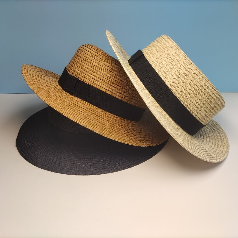 Black Decorative Band Flat Straw Hat High-grade