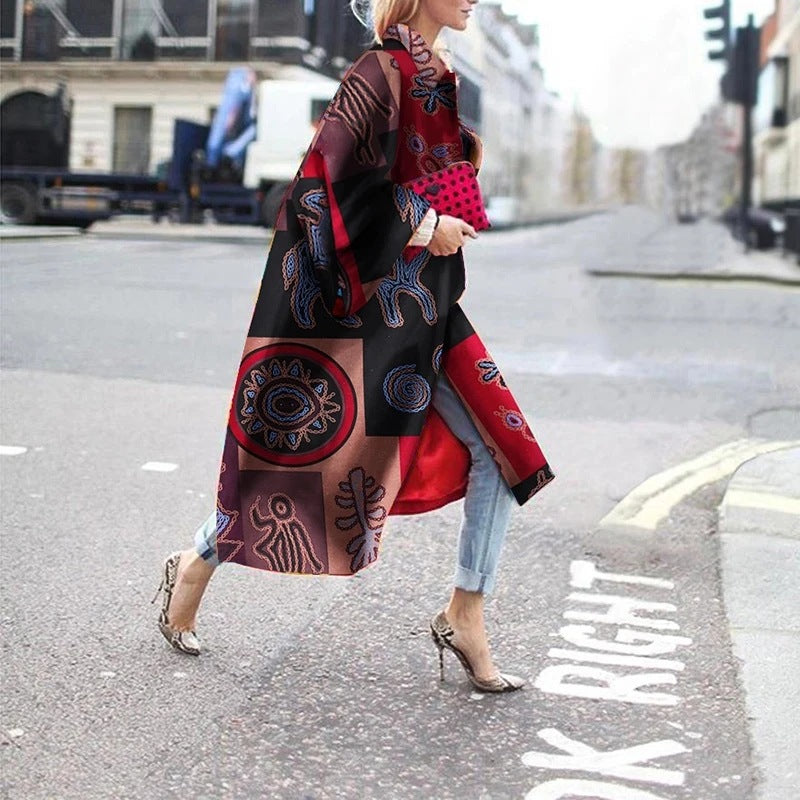 Geometric Print Color Loose Long Coat Windbreaker Women