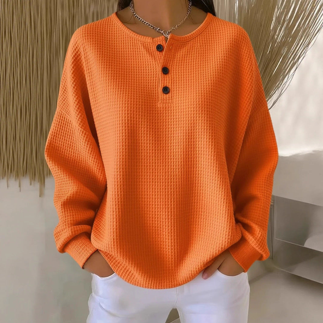 Ins Waffle Long-sleeved T-shirt Fashion Solid Color Buttons Round Neck Pullover Top Women's Clothing