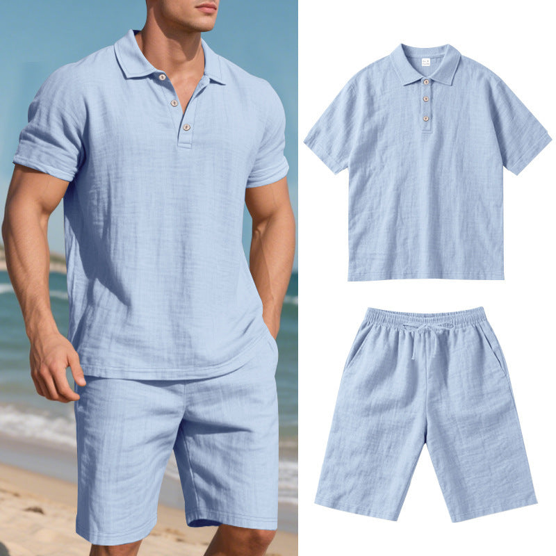 Summer Men's Loose Casual Linen Breathable Short Beach Sleeve Shorts Suit
