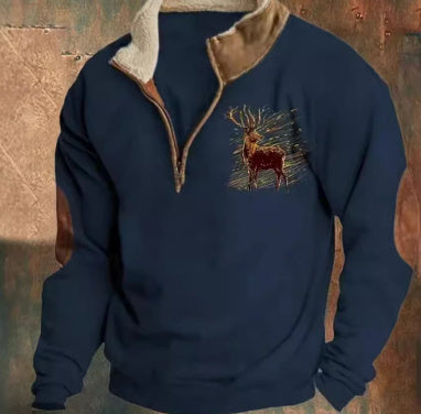 Printed Men's Long Sleeve Stand Collar Half Zip Sweater Neck Fleece-lined