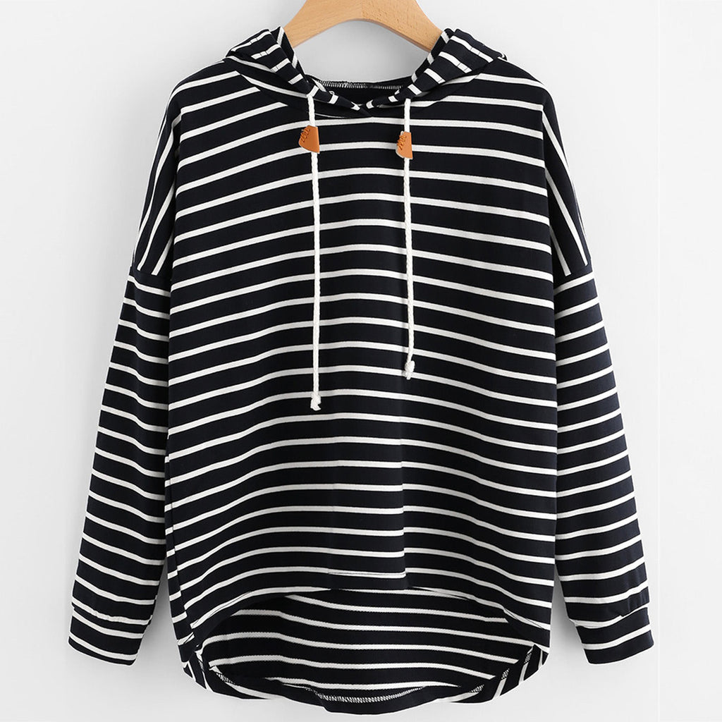 Black and White Striped Loose Hooded Sweatshirt