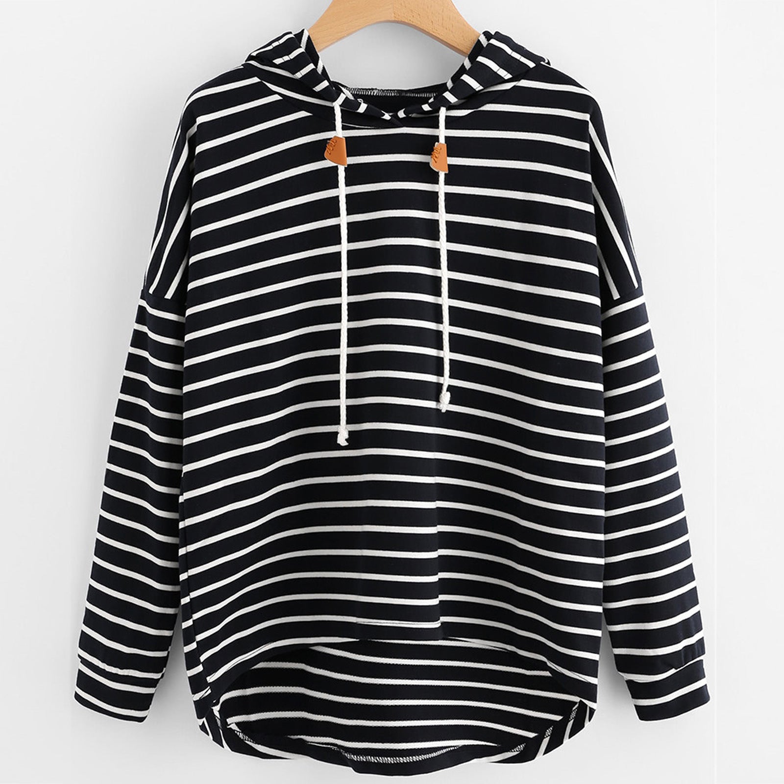Black and White Striped Loose Hooded Sweatshirt