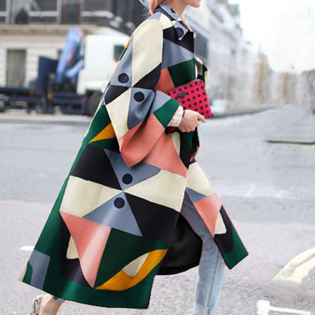 Geometric Print Color Loose Long Coat Windbreaker Women