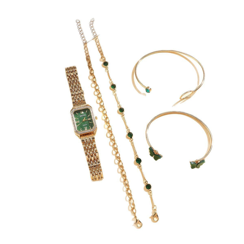 Wild Emerald Square Steel Watch Butterfly Bracelet 5pcsset Gift Set