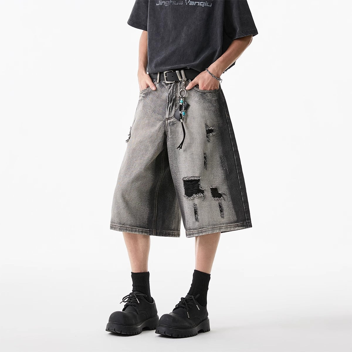 High Street Water Washed Hole Denim Shorts