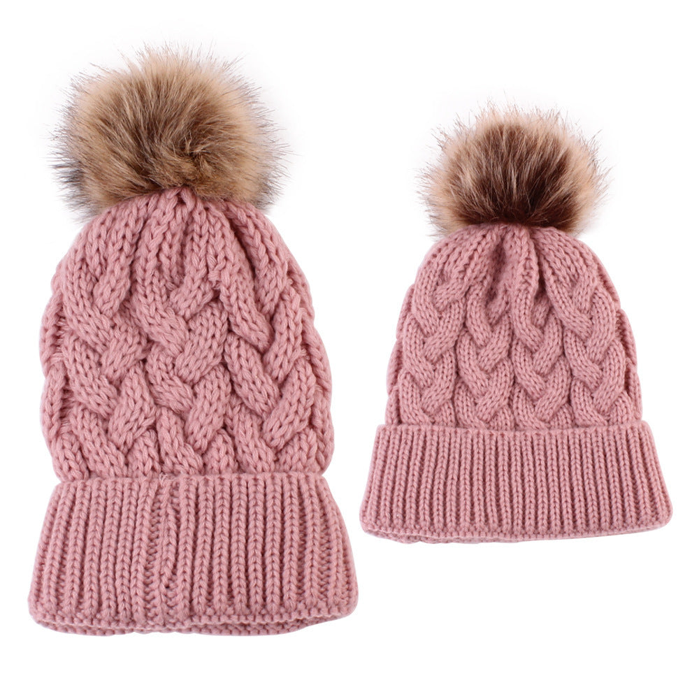 Autumn and winter ball twist knit hat Warm female parent-child imitation braid hair ball wool cap