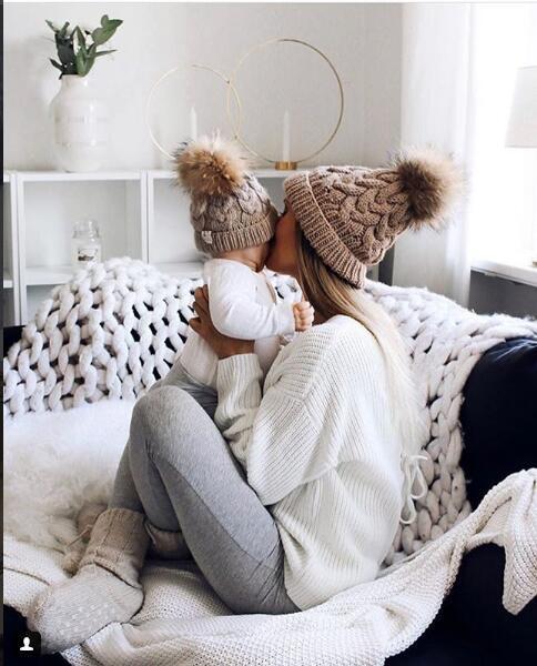 Autumn and winter ball twist knit hat Warm female parent-child imitation braid hair ball wool cap