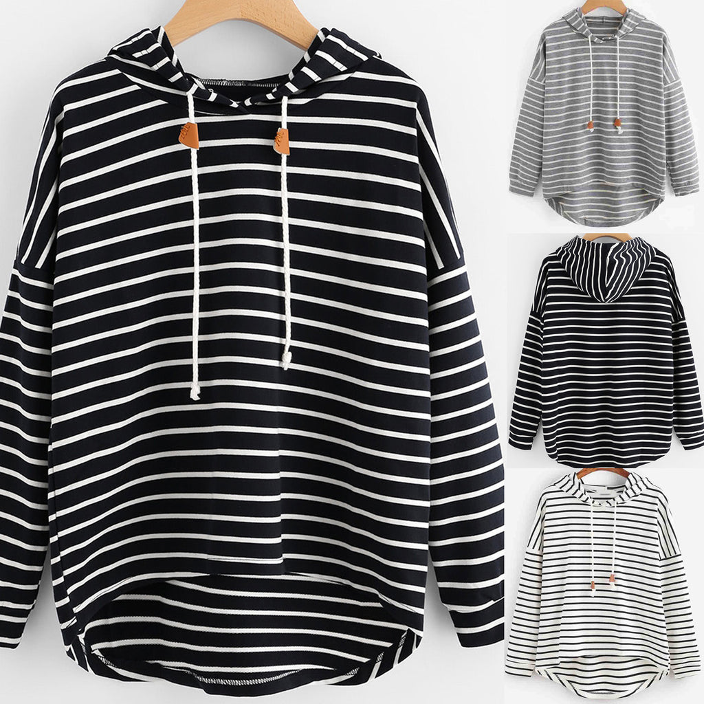 Black and White Striped Loose Hooded Sweatshirt