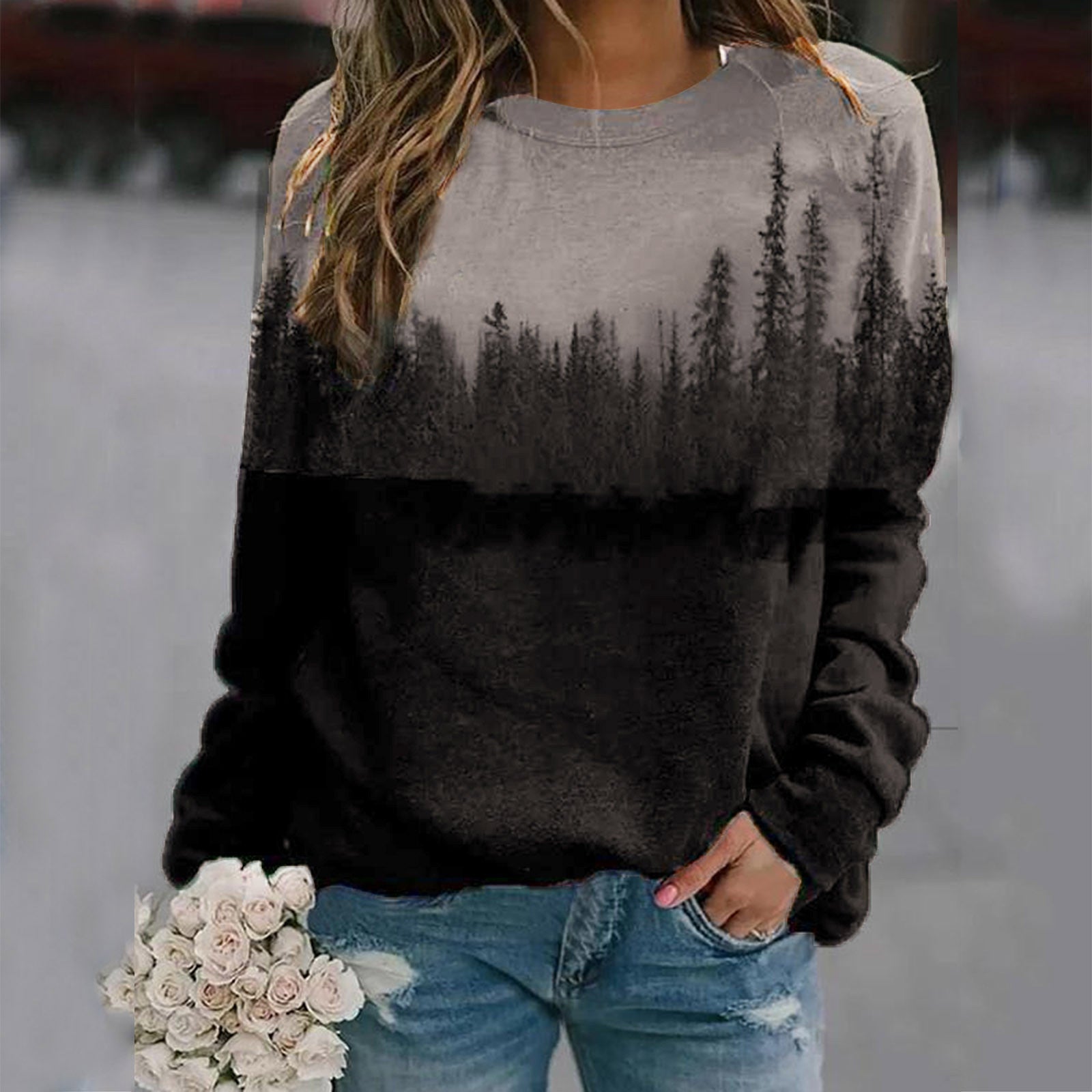 Landscape print long-sleeved sweater