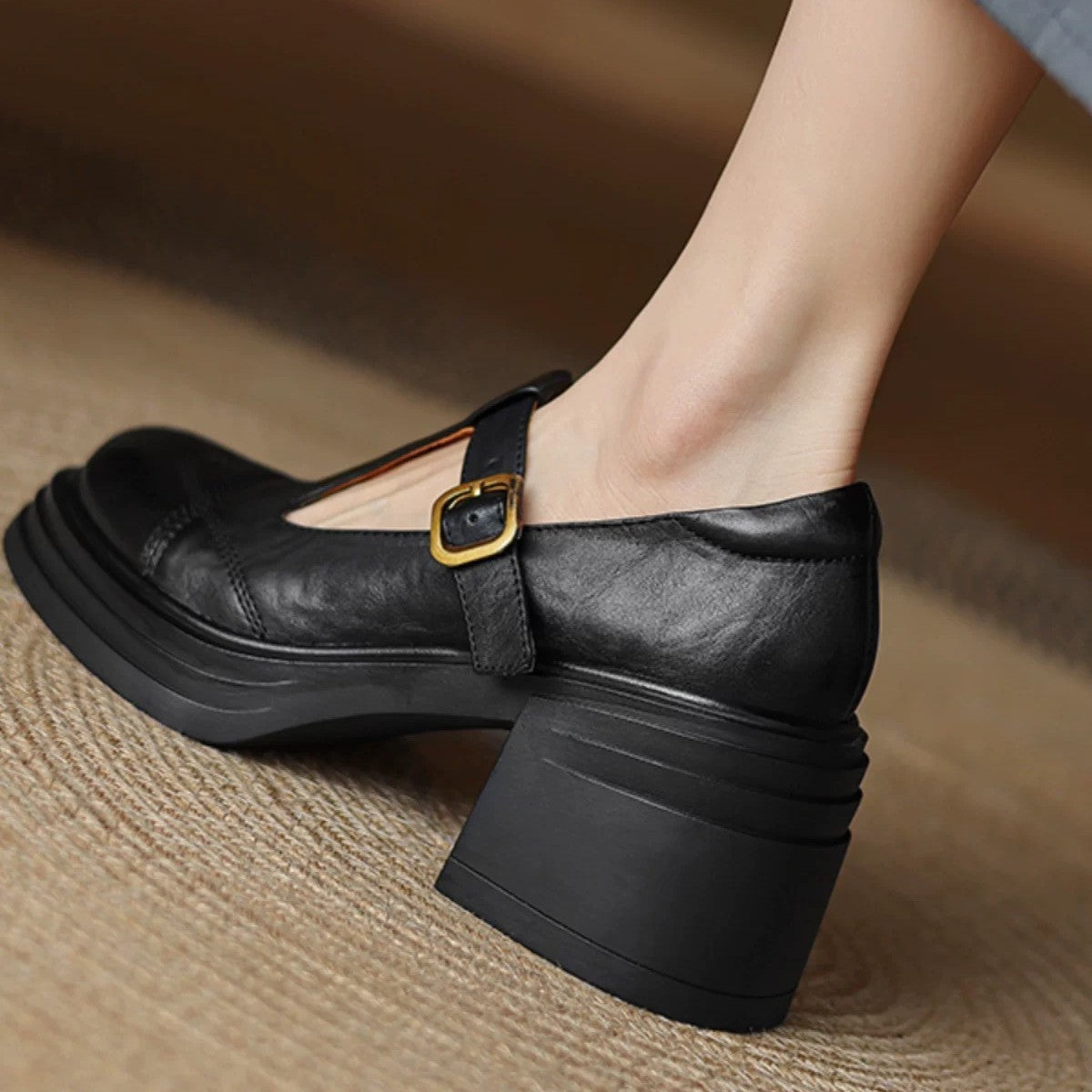 Soft Leather Shoes Female Chunky Heel Platform Mary Jane Shoes