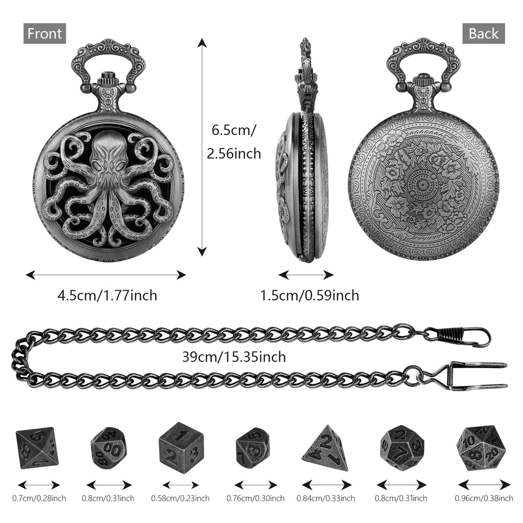 Thick Chain Octopus Symmetrical Pocket Watch Dice Set, Equipped With 7 Mini DND Dice Game Polyhedral Metal Dice, Desktop Role-playing Game Dice Accessories Gift