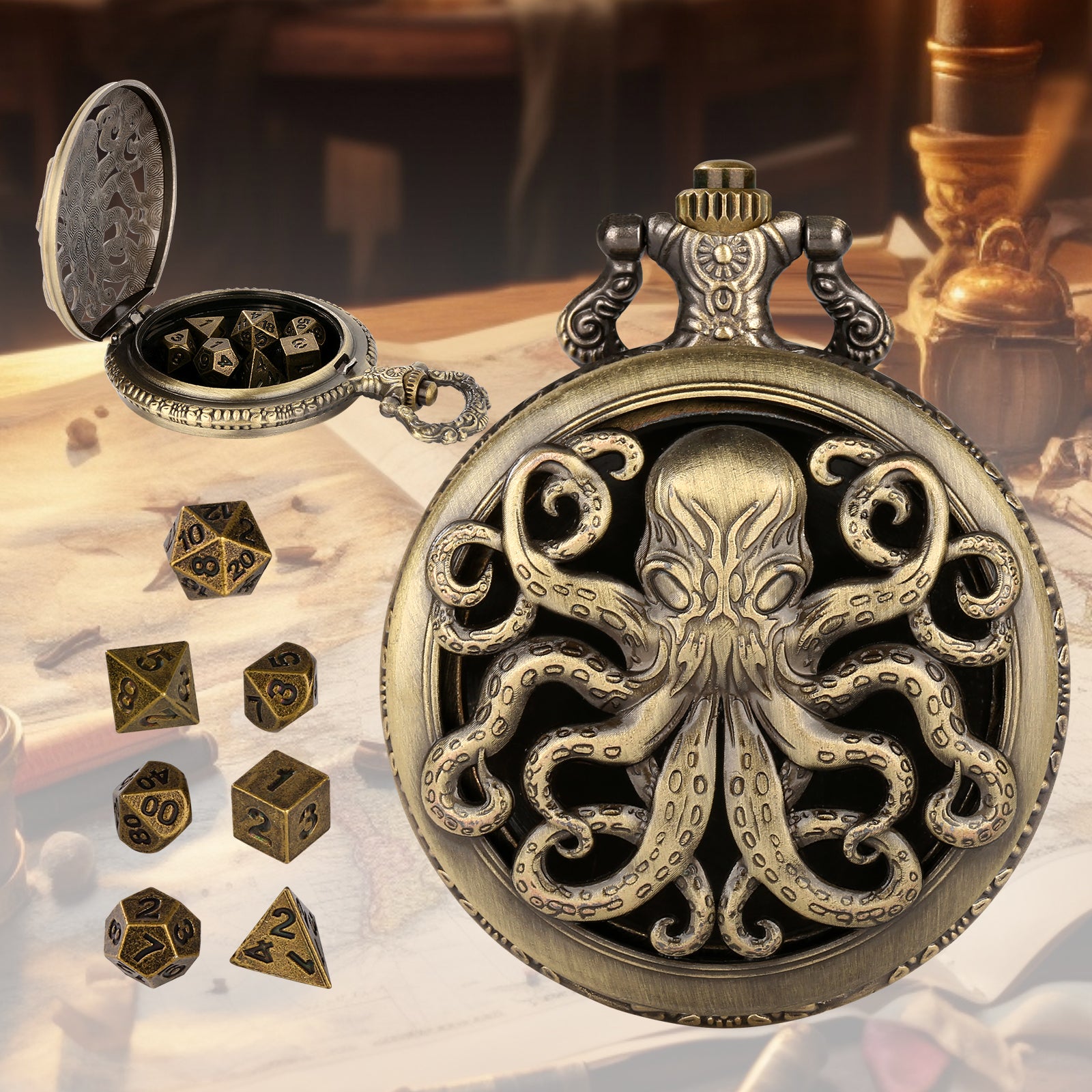 Thick Chain Octopus Symmetrical Pocket Watch Dice Set, Equipped With 7 Mini DND Dice Game Polyhedral Metal Dice, Desktop Role-playing Game Dice Accessories Gift