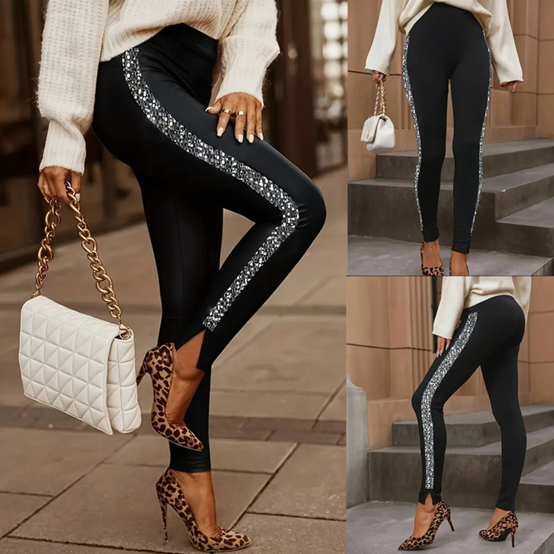 Women's All-match Solid Color Sequin Patchwork Slit Leggings