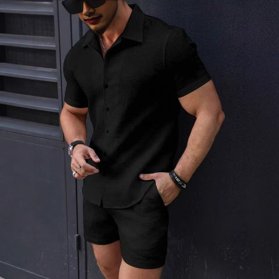 Leisure Breathable Beach Two Piece Suits Mens Summer Casual Short Sleeve Shirt And Shorts Men Outfits Vintage Textured Solid Set