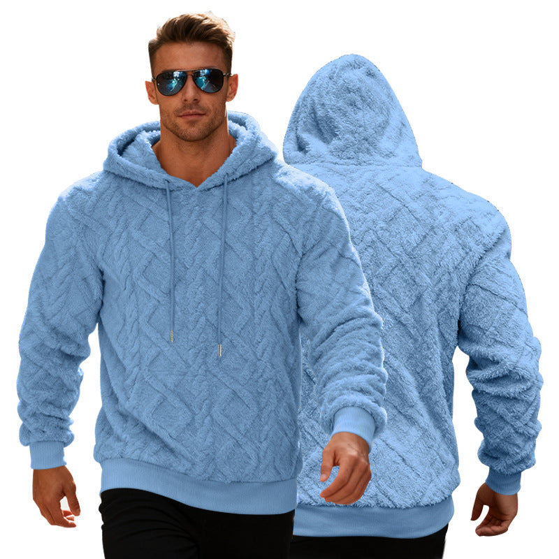 Plush Hooded Sweatshirt Winter Warm Long-sleeved Pullover Top Men's Casual Solid Color Fleece Hoodie Clothing