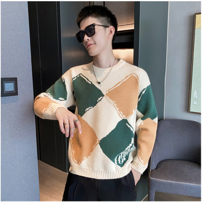 Contrast-color Fashionable Knitwear Crew-neck Sweater For Men