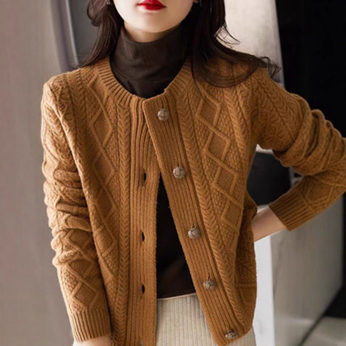 Pure Wool Diamond-patterned Outerwear Or Layering Crew-neck Knit Sweater