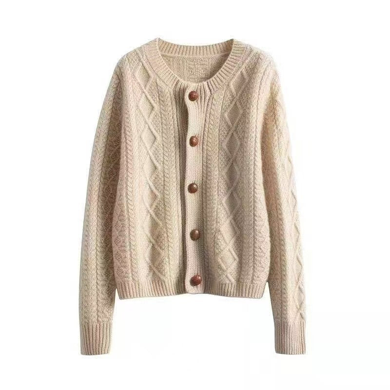 Pure Wool Diamond-patterned Outerwear Or Layering Crew-neck Knit Sweater