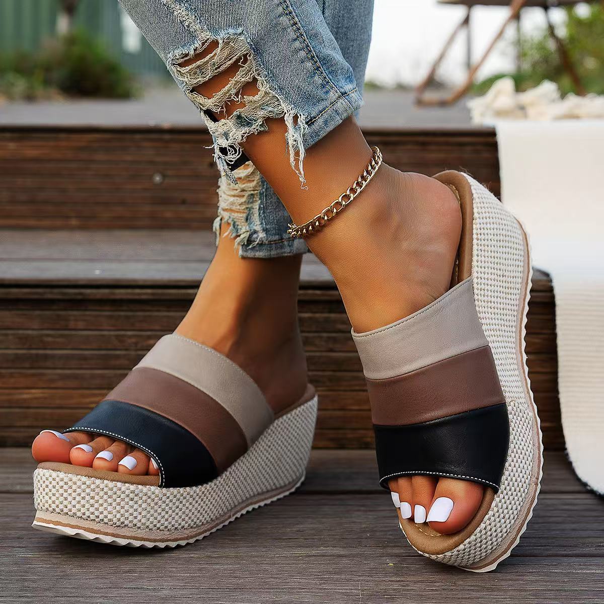 Ankle-strap Sandals Block Platform Wedge Plus Size Slippers