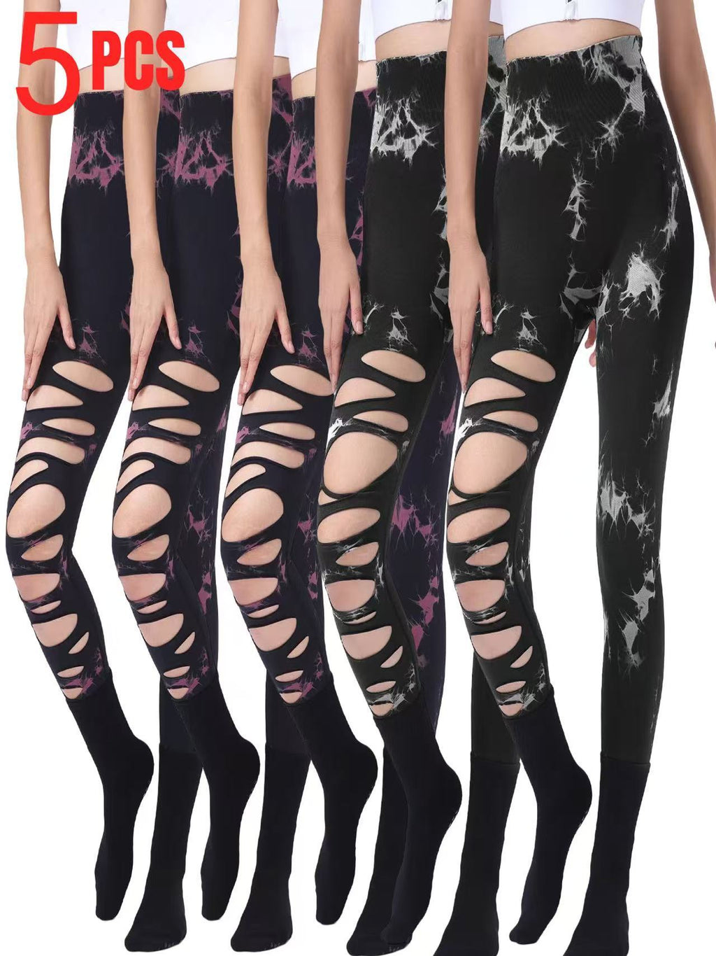 5 Pack Wholesale Fashion Women Sports Yoga High Waist Tie Dye Print Ripped Hollow Leggings Pants