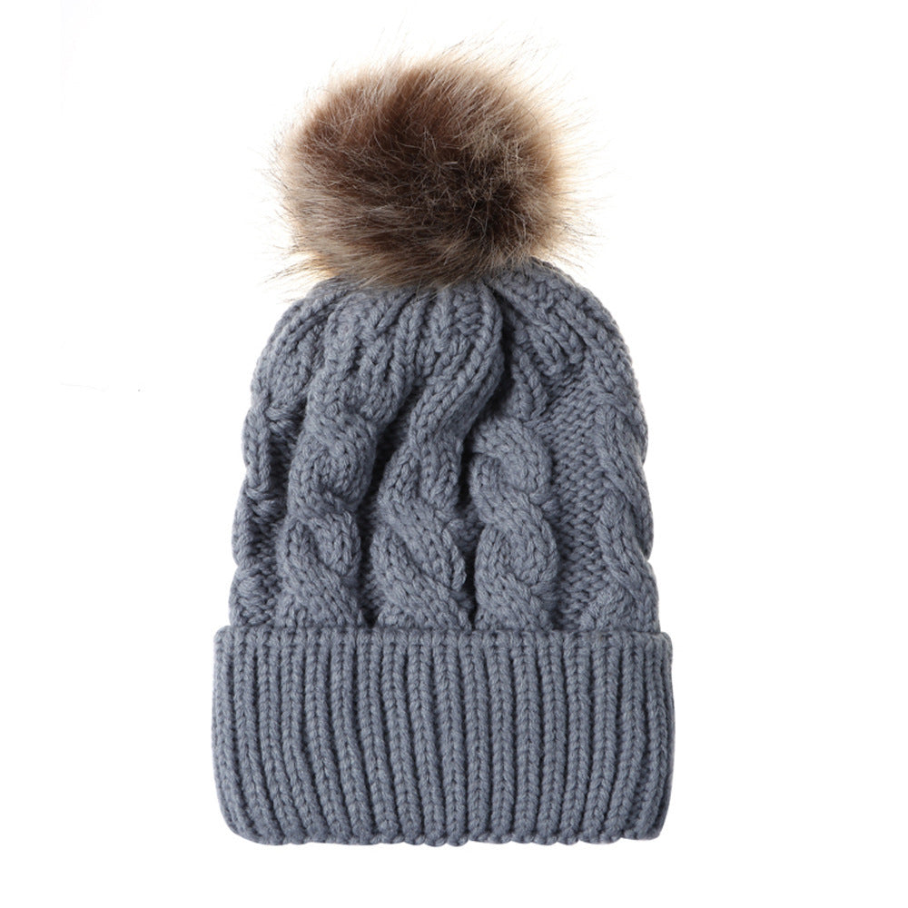 Autumn and winter ball twist knit hat Warm female parent-child imitation braid hair ball wool cap