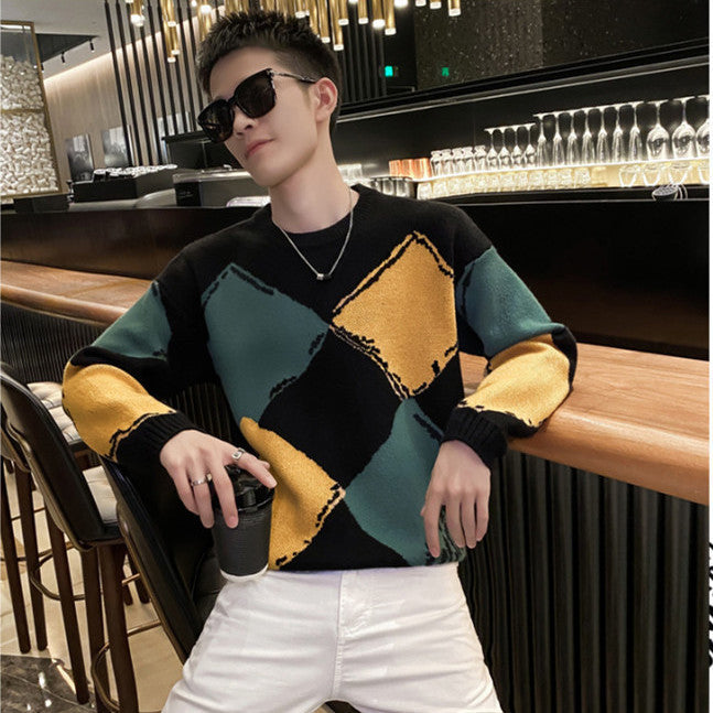 Contrast-color Fashionable Knitwear Crew-neck Sweater For Men