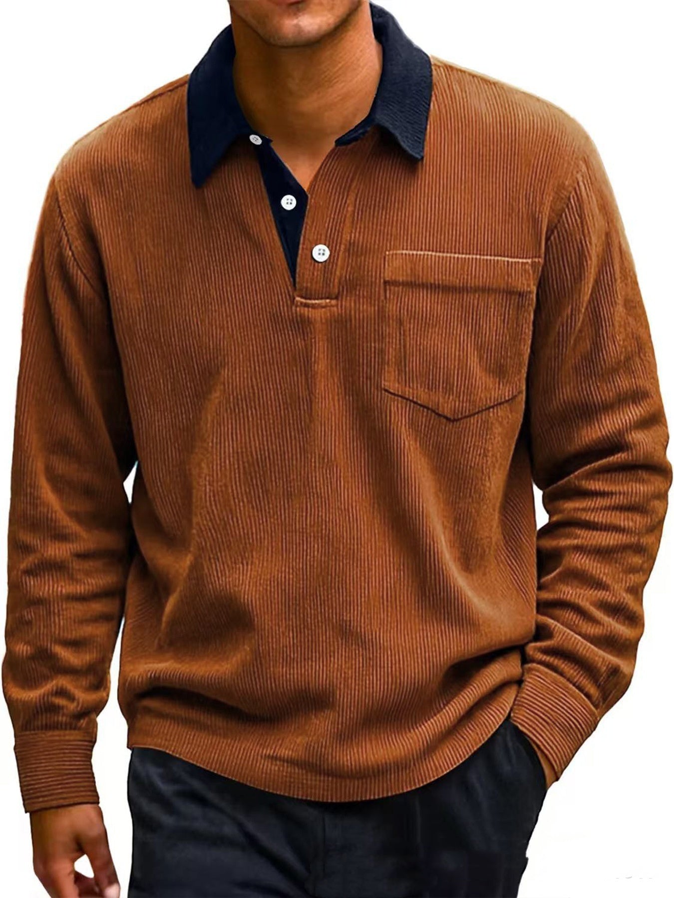 Men's Vintage Corduroy Button Long Sleeve Polo Shirt