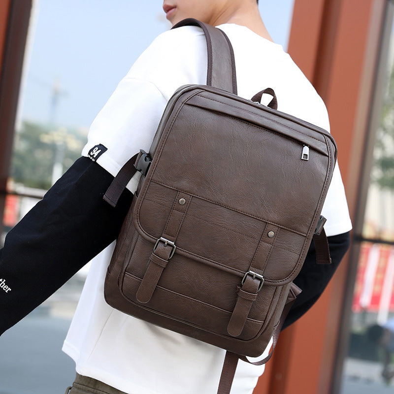 High School Men's Leather Bag Retro Backpack