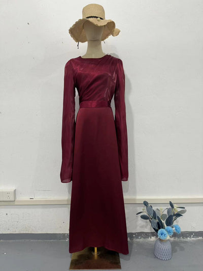 Elegant Summer Sleeve Contrast Chiffon & Satin Maxi Dress With Flared Cuffs - Slim Fit Long Dress For Women