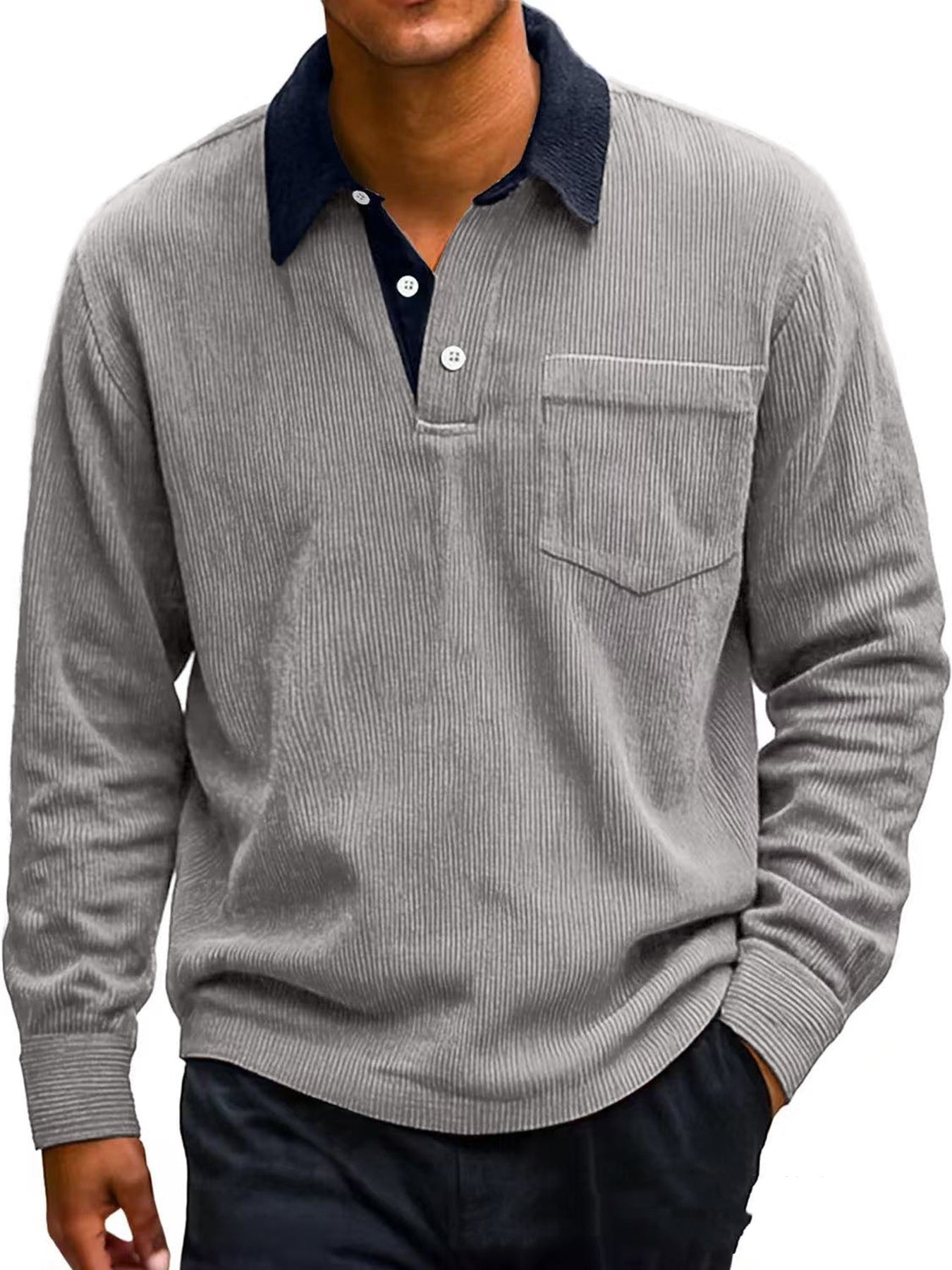 Men's Vintage Corduroy Button Long Sleeve Polo Shirt