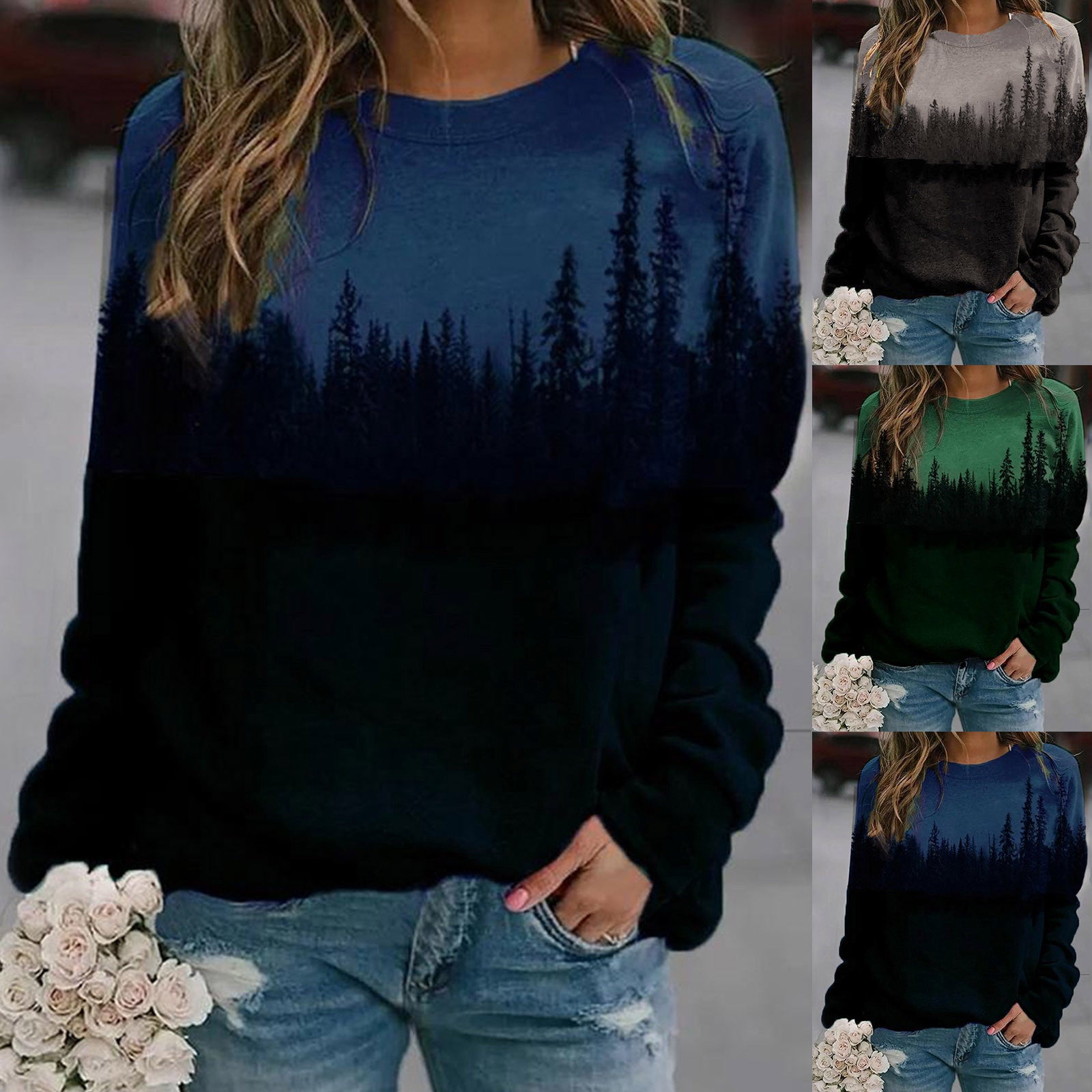 Landscape print long-sleeved sweater