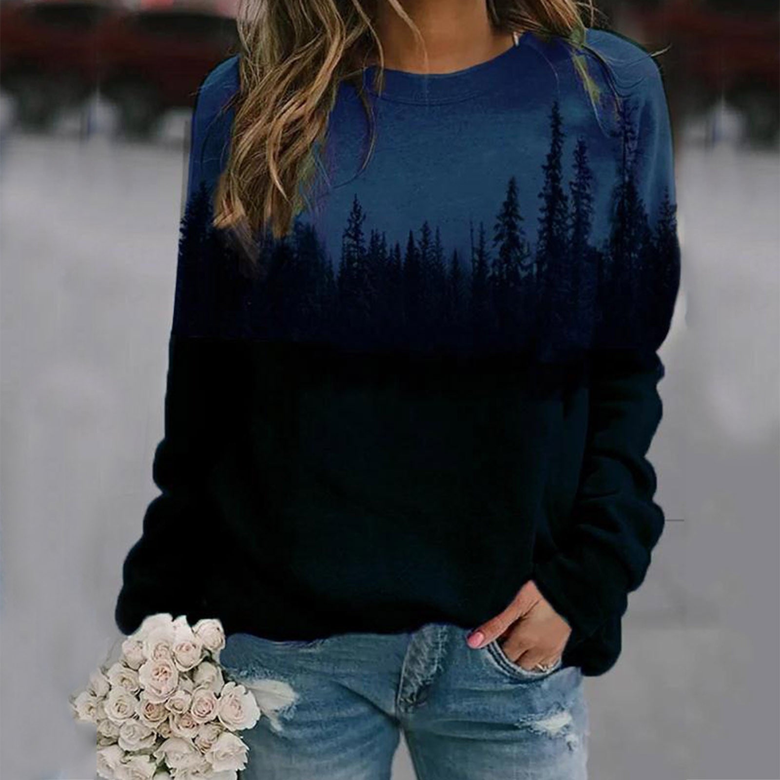 Landscape print long-sleeved sweater