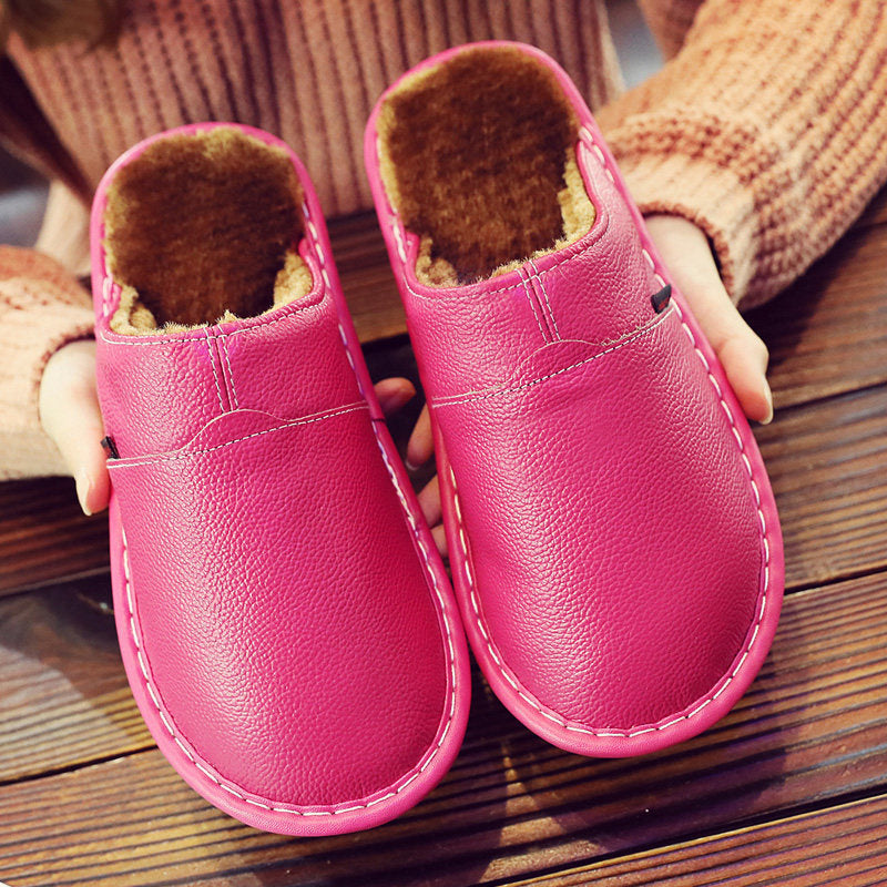 Pure Leather Thermal Cotton Slippers Couple Household Cowhide Waterproof