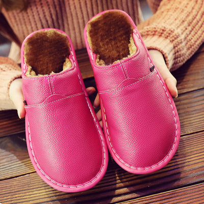 Pure Leather Thermal Cotton Slippers Couple Household Cowhide Waterproof