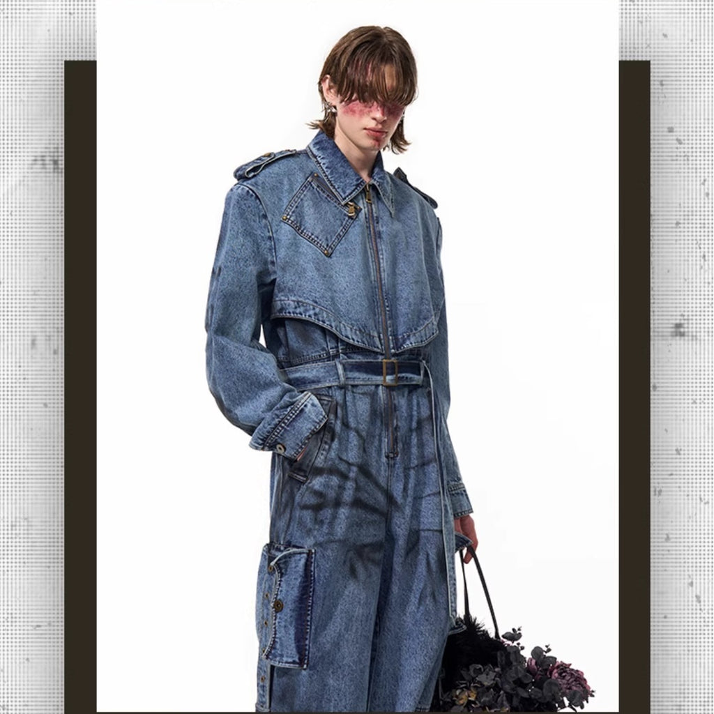 Dirty Dyed Denim Jumpsuit Men's Washed Blue Zipper Jeans