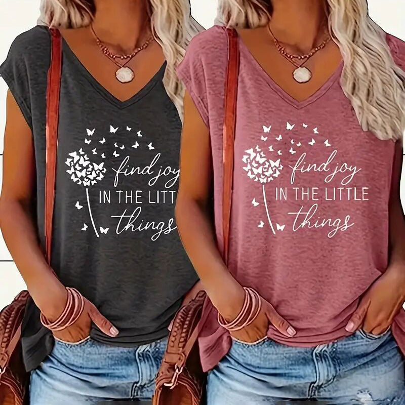 Women's 2-Pack Graphic Tees, Funny Print Short Sleeve Casual Summer Tops