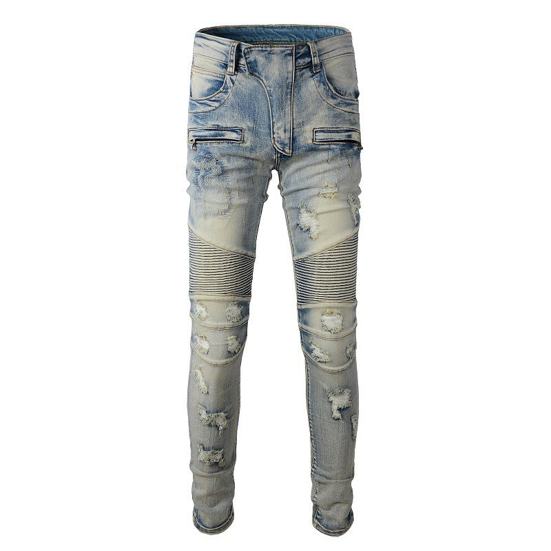 Hand Frayed Beggar Style Distressed Slim Stretch American Men's Jeans