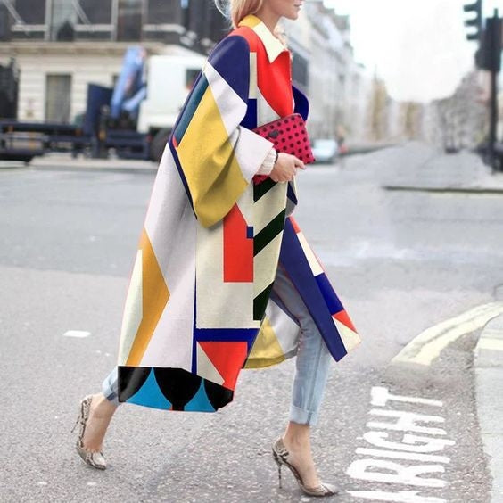 Geometric Print Color Loose Long Coat Windbreaker Women