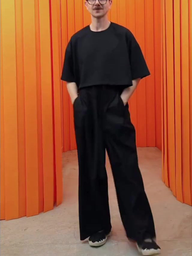 Black Crop Top And Wide - Leg Pants Set