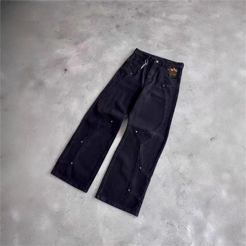 Men's Loose Casual Printed Black Straight Leg Jeans